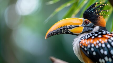 A close-up of a hornbill's beak, showcasing its impressive size and colors.