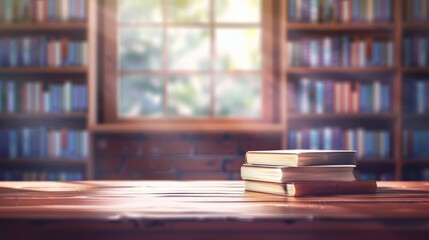 A wooden table with neatly stacked books, a blurred bookshelf in the background.