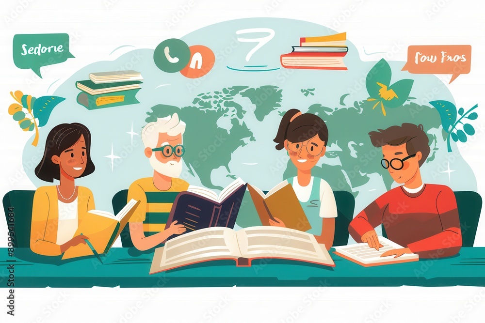 Fototapete four elderly learners study foreign languages together, surrounded by textbooks and dictionaries in 