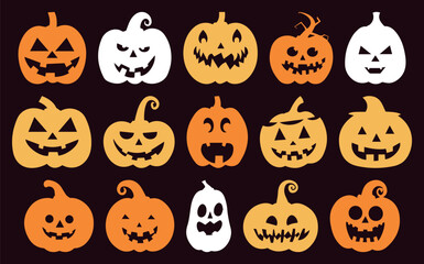 Halloween Jack-o'-lantern Silhouettes. Vector Pumpkin Collection with Various Emotions. Isolated on Solid Background. Perfect for Spooky Parties and October Horror Decor.