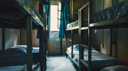 Fototapeta premium A dimly lit dormitory features four unoccupied bunk beds lined against the walls, with blue curtains framing a small window shedding soft daylight.