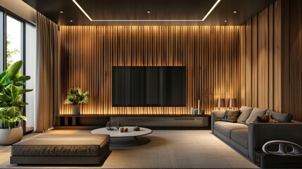 Modern television room with wood panel walls