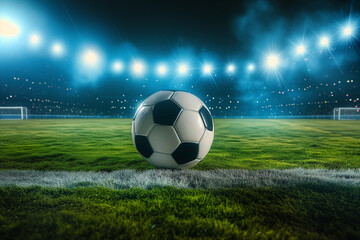 Close up of a soccer ball in the center of the stadium illuminated by the headlights