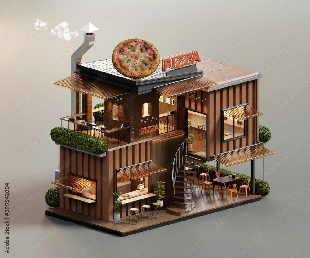 Poster isometric view minimal pizza restaurant container store exterior architecture, 3d rendering