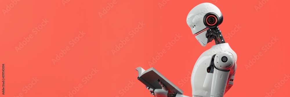 Poster white robot reading a book against a red background. concept of ai learning and robotic education.