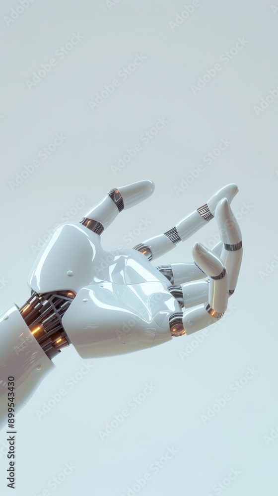 Poster Dynamic scene of two robotic hands reaching towards each other with glowing elements. AI technology concept.
