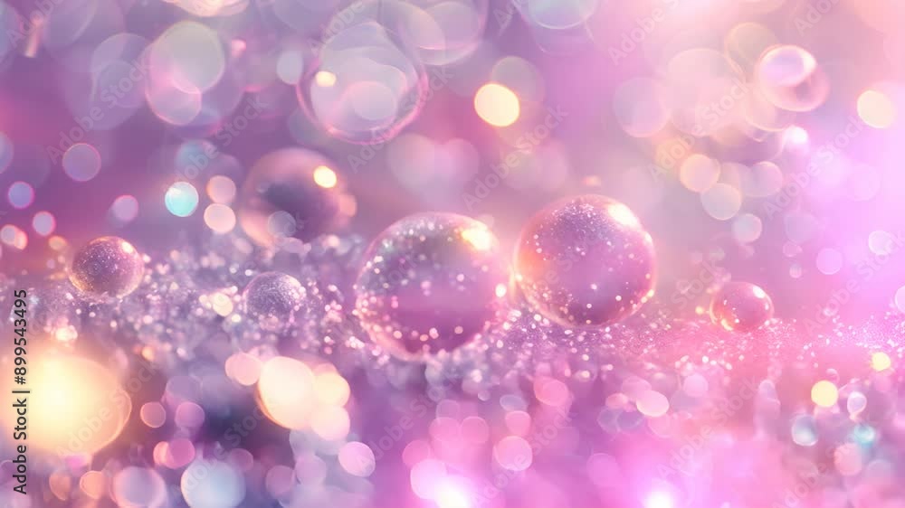 Poster A close up of a pink background with many small, round, glittery bubbles. The bubbles are scattered throughout the image, creating a sense of movement and playfulness