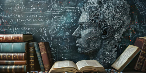 The Enigma of the Mind: A chalkboard filled with intricate equations, next to a pile of philosophy books.