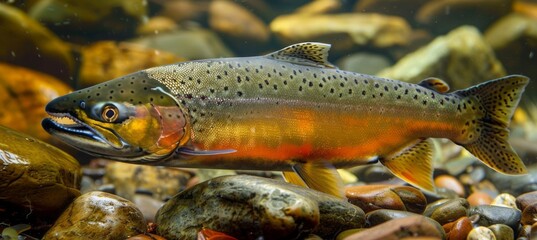 Obraz premium Wild salmon fish underwater. Generative AI technology. 