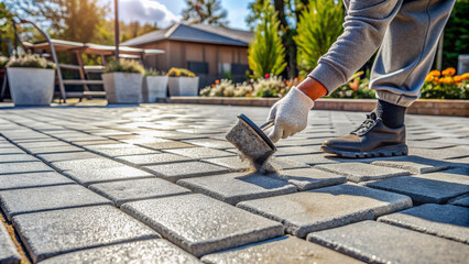 A low-angle view of a person's gloved hand pouring polymeric sand into the gaps between perfectly aligned gray stone pavers on a sunny patio floor.