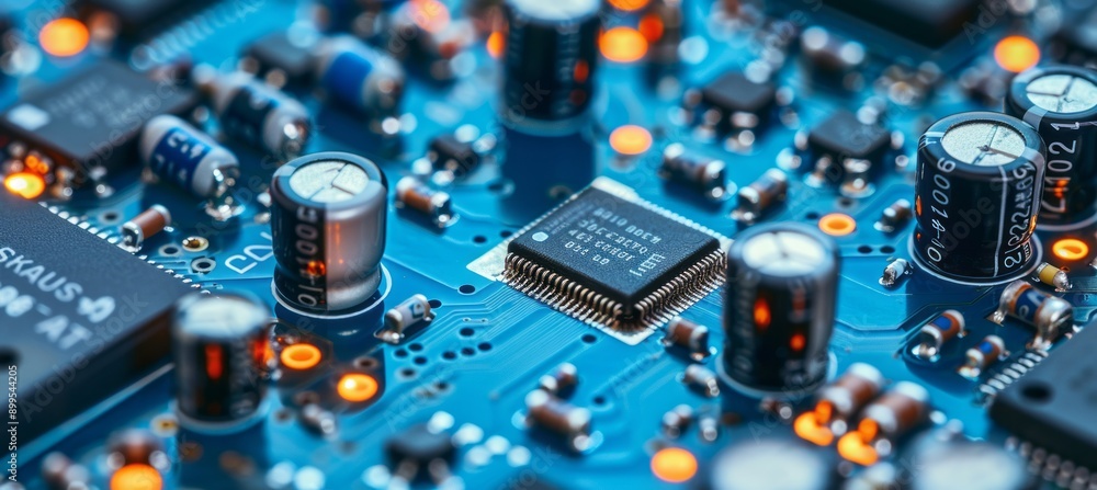 Poster Microchip transistor on motherboard system. Computer processor semiconductor. Generative AI technology.	
