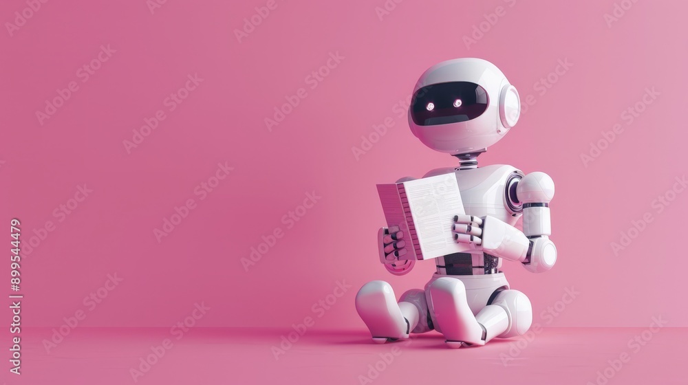 Poster cute small robot reading a book while sitting against a pink background. concept of ai education and