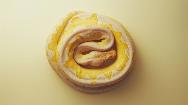 A yellow and white ball python lies coiled, featuring vibrant patterns and a calm demeanor on a pale background.