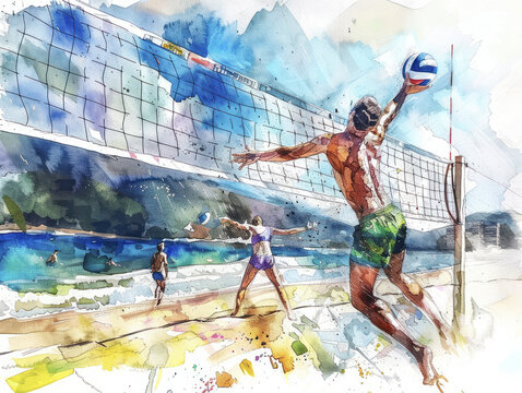Watercolor Beach Volleyball Game in Action