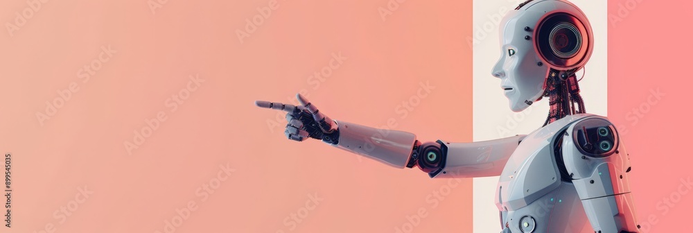 Poster Robot pointing to the side against a pink background. Concept of direction and guidance in robotics.
