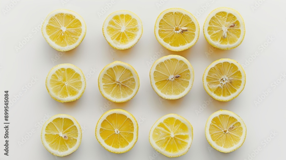 Poster twelve lemon halves arranged in a grid pattern on a white background, creating a bright and graphic 