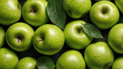 Close up of fresh apple fruit background with leaves, top view. Photorealistic high resolution macro photography for advertising or food design.