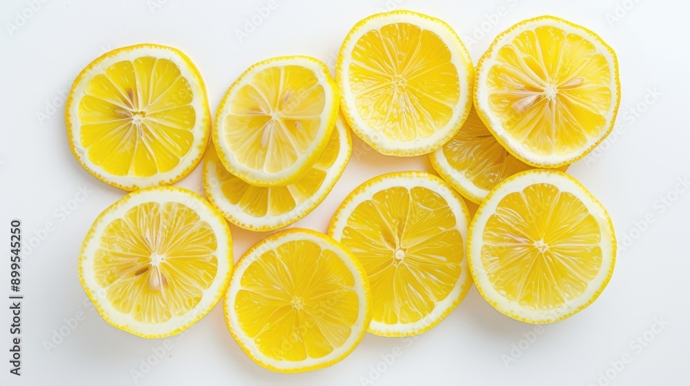 Poster vibrant and refreshing display of multiple lemon slices on a white surface