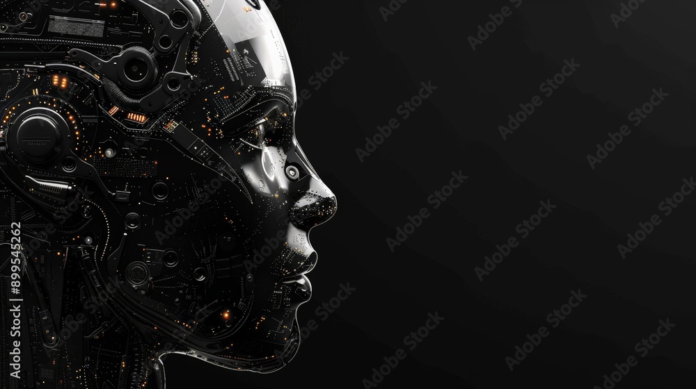 Poster Side profile of a dark, intricately designed humanoid robot head with illuminated circuits. Symbolizes AI technology and futuristic innovation.