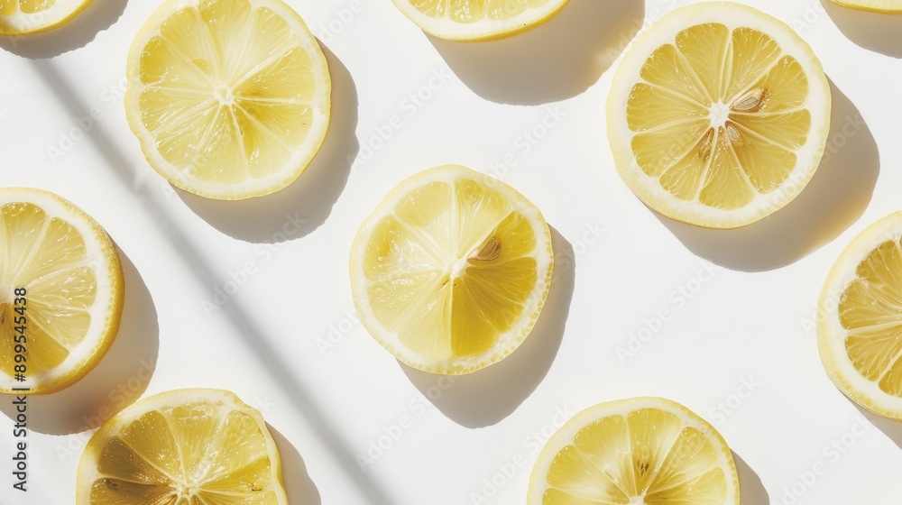 Poster fresh lemon slices arranged on a white surface illuminated by sunlight, creating a vibrant atmospher