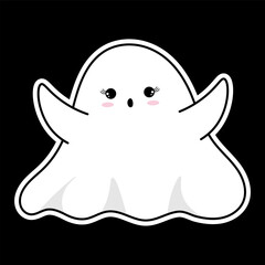 Cute white ghost in scary pose sticker. Halloween celebration elements for decor. Vector holiday clip art for print. Cute sticker isolated on black background.