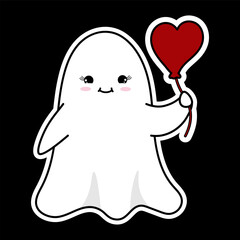 Cute white ghost with red heart balloon sticker. Halloween celebration elements for decor. Vector holiday clip art for print. Cute sticker isolated on black background.