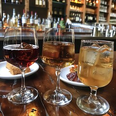 Naklejka premium Three Glasses of Alcoholic Beverages on a Wooden Table.