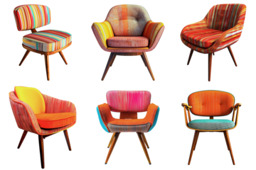Fabric chair with wooden legs, retro style, colorful vintage pattern on transparent background