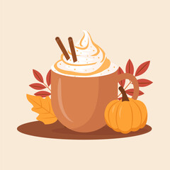 Pumpkin spice latte, autumn coffee in a cup.Hot delicious autumn seasonal drink. Cozy fall illustration. Flat vector isolated on white background.