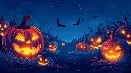 Fototapeta premium Eerie pumpkin patch, glowing jackolanterns, Halloween spook, flat design illustration