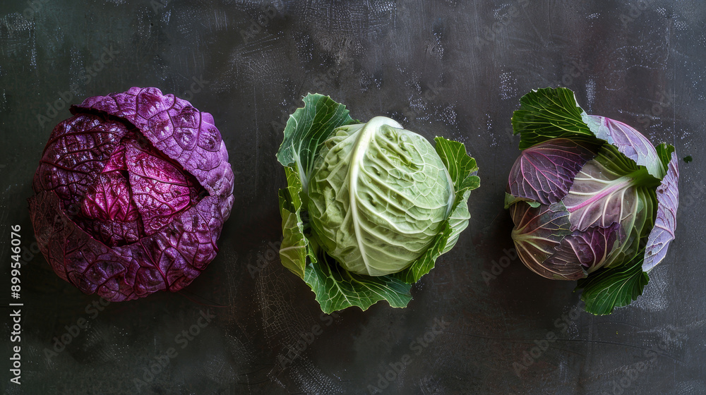 Aufkleber three different colored cabbage heads are displayed on a counter