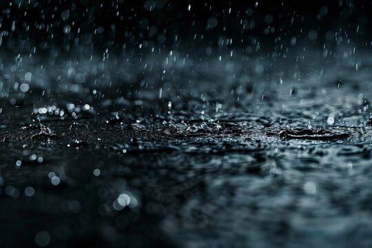 A dark, rainy day with water droplets falling from the sky