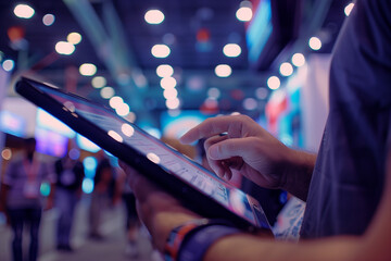 Survey questionnaire being filled out on a tablet at a trade show booth. Dynamic event lighting. Convention center background. 