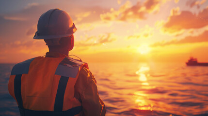 A worker in a hardhat and high-visibility vest gazes at the horizon during a vibrant sunset over the ocean, implying a sense of hope and reflection.