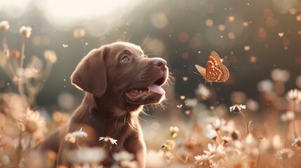 A playful Labrador Retriever puppy chases a butterfly through a field of wildflowers.