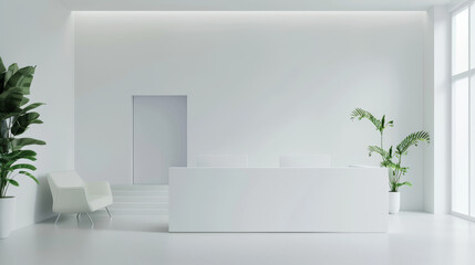 Modern, minimalist reception area with a sleek white desk, subtle lighting, and green potted plants, conveying an ambiance of professionalism and tranquility.
