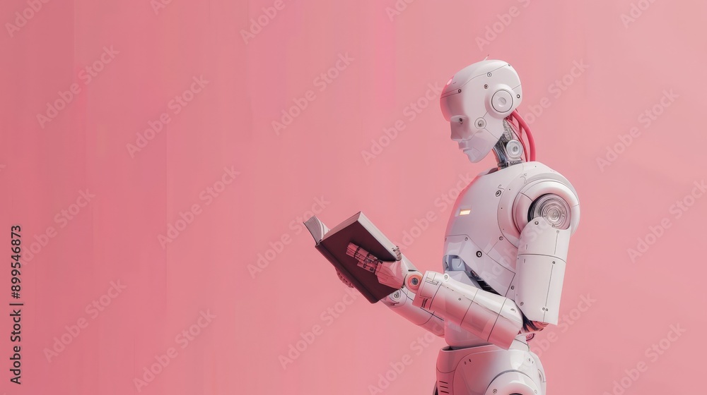 Poster modern white robot reading a book against a pink background. concept of ai learning and educational 