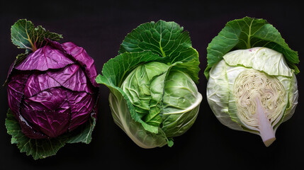 Obraz premium Three cabbage heads are shown, one of which is purple