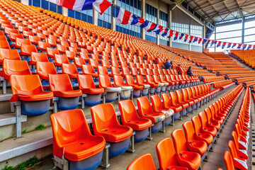 Naklejka premium Empty seats adorned with Netherlands flags and orange decorations await enthusiastic fans at a football stadium, evoking excitement for an international soccer tournament.