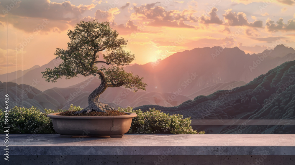 Poster a small bonsai tree is sitting on a ledge in front of a mountain range