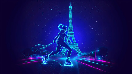 Fototapeta premium Neon Curling: Fluorescent silhouette of a curler with the Eiffel Tower in the background on a dark blue background.