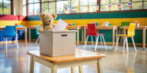 A ballot box and voting booth stand empty, with a child's stuffed animal and colorful learning materials scattered nearby, symbolizing civic education and responsibility.