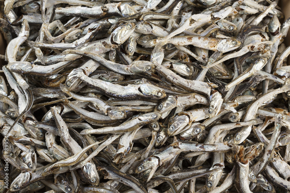 Wall mural Close-up of stacked dried anchovies, South Korea
