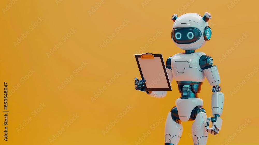 Poster small robot holding a clipboard against a yellow background. concept of robotics in administration a