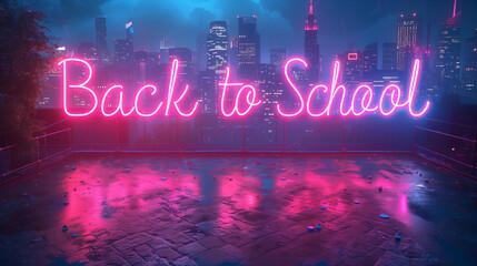 A pink neon sign reading Back to School shines brightly against a backdrop of a city skyline at night.