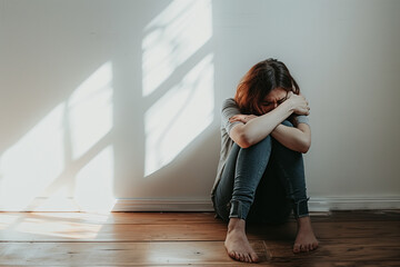 A person sitting cross-legged on the floor, with their arms wrapped around their knees and a distressed look on their face
