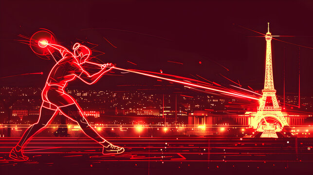 Neon Hammer Throw: Fluorescent silhouette of a hammer thrower in action with the Eiffel Tower in the background on a dark red background.


