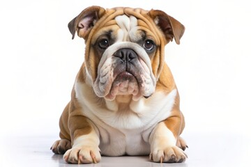 Obraz premium Adorable English bulldog with wrinkled face and sweet expression sitting alone on a clean white background with subtle shadows, looking directly at the camera.