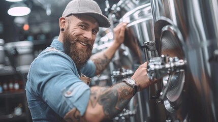 Obraz premium Smiling man wearing a grey cap works in a brewery, checking stainless steel tanks. He stands in a modern brewery facility.