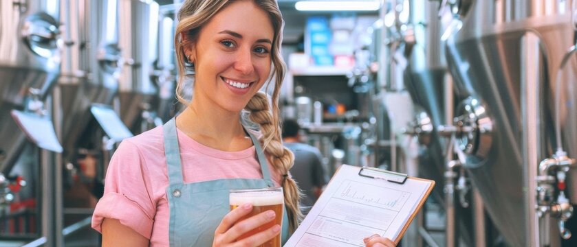 Woman in brewery holding clipboard and glass of beer, working in industrial production setting with large brewing tanks in background.